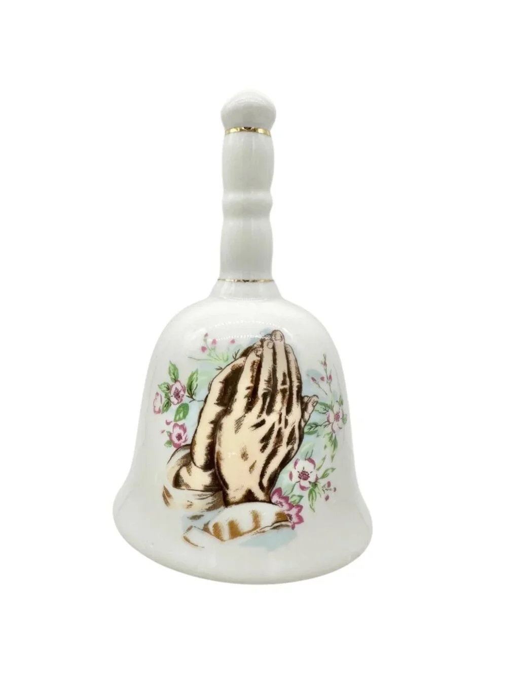 Porcelain Bell in White With Praying Hands Floral Design Gold Accents 4